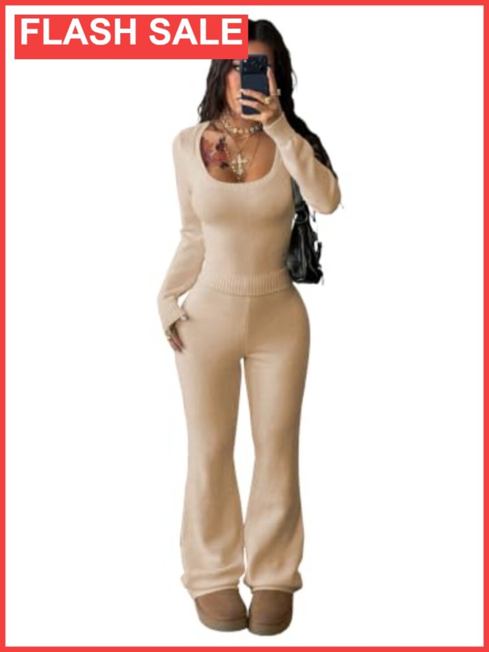Ulovmi Women's 2 Piece Knit Sweater Set Scoop Neck Wide Leg Pants